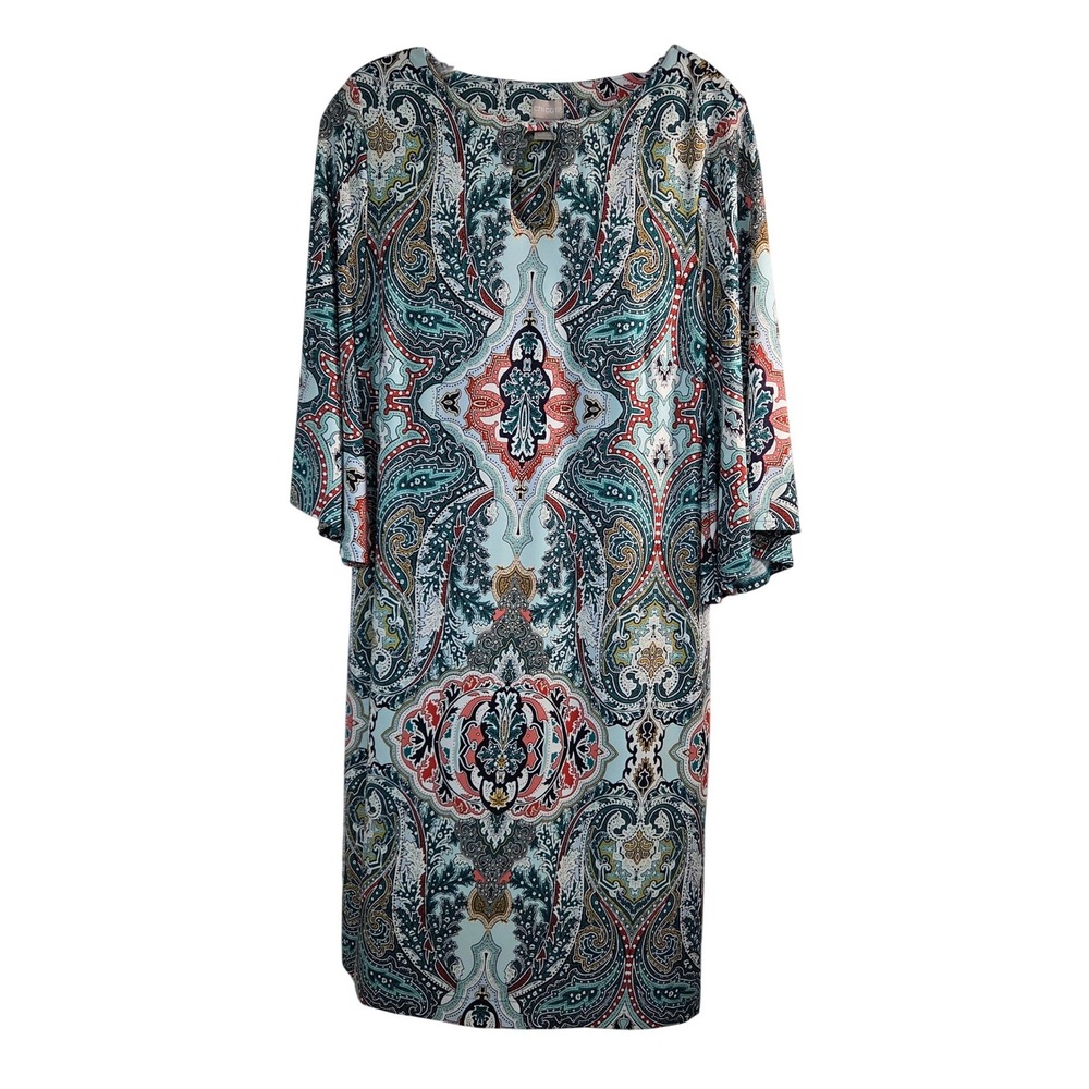 Chicos Paisley Medallion Shift Dress Teal Coral Bell Sleeve Size 1 US 8/10
